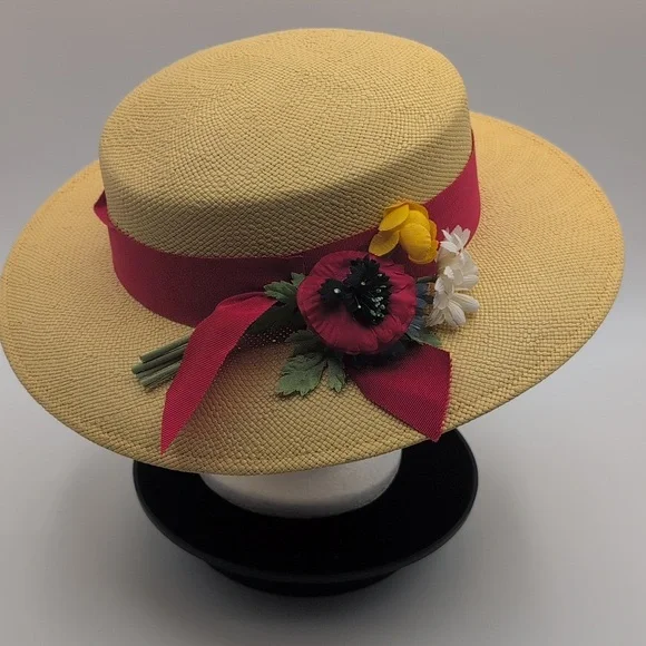 M'sieu Leon| Elegant Women's Straw Hat with Red Band and Floral Accent - Picture 7 of 11